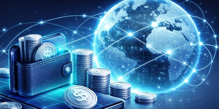 Una billetera digital junto a un dispositivo movil y monedas de plat con el signo de dinero, junto a un planeta Tierra conectado con líneas.