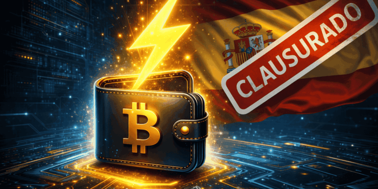 Una wallet con el rayo amarillo de la Lightining Network, junto a un cartel de cerrado y la bandera de España.