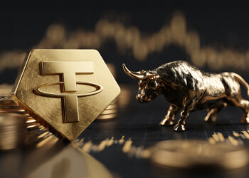 Logo de XAUT de metal, con una estatuilla de un toro dorado a su lado, rodeados de monedas de oro y graficos de velas dorados