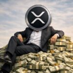 Ilustración realista de XRP Ledger personificado, sentado sobre una montaña de dinero en efectivo, simbolizando capital ocioso.