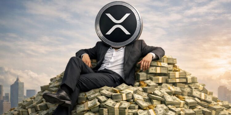 Ilustración realista de XRP Ledger personificado, sentado sobre una montaña de dinero en efectivo, simbolizando capital ocioso.