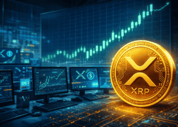 Una moneda de XRP en un centro financiero, junto con pantallas y gráficos de trading.