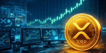 Una moneda de XRP en un centro financiero, junto con pantallas y gráficos de trading.