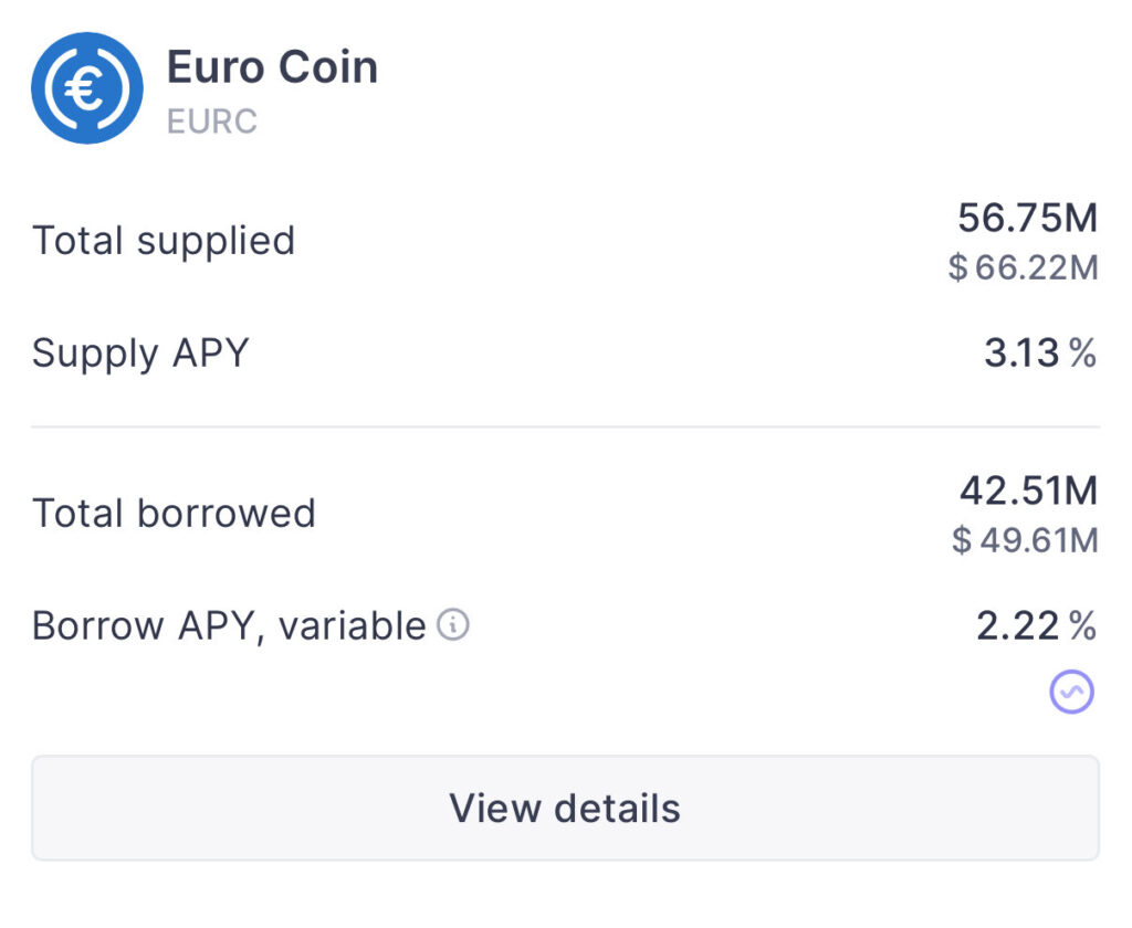 Panel de Euro Coin (EURC) en la DeFi Aave.