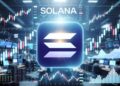 Gráfico de trading con logo oficial de Solana y velas de precios en entorno de bolsa de valores.