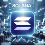 Gráfico de trading con logo oficial de Solana y velas de precios en entorno de bolsa de valores.