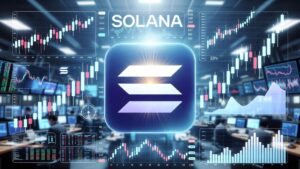 Gráfico de trading con logo oficial de Solana y velas de precios en entorno de bolsa de valores.