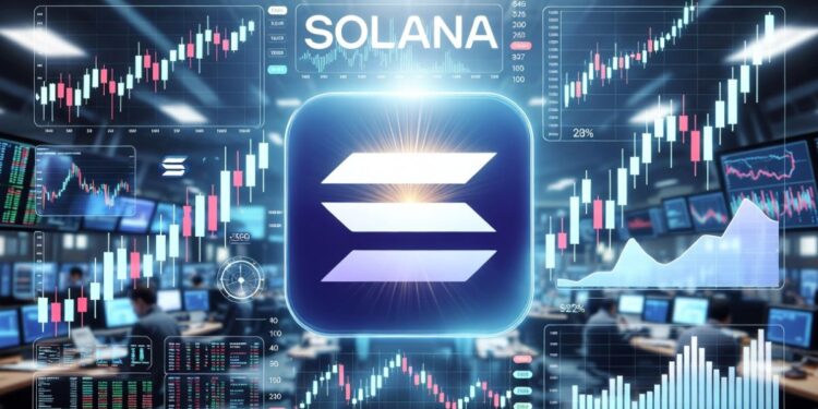 Gráfico de trading con logo oficial de Solana y velas de precios en entorno de bolsa de valores.