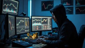 Persona con capucha sentada frente a grรกficos y criptomonedas.