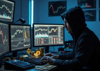 Persona con capucha sentada frente a gráficos y criptomonedas.