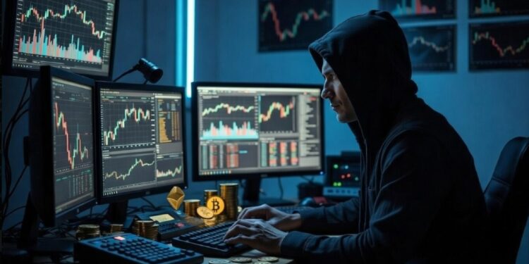 Persona con capucha sentada frente a gráficos y criptomonedas.