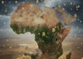 Foto del continente africano rodeado con varios sรญmbolos de BTC.