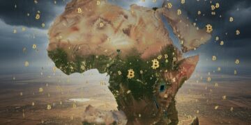 Foto del continente africano rodeado con varios símbolos de BTC.