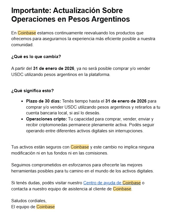 Captura de un email enviado por Coinbase.