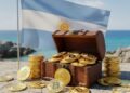 Un cofre del tesoro con monedas físicas de bitcoin doradas y la bandera de Argentina en el fondo.