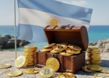 Un cofre del tesoro con monedas físicas de bitcoin doradas y la bandera de Argentina en el fondo.