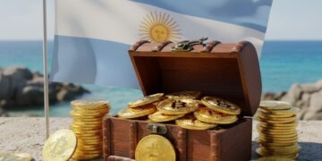 Un cofre del tesoro con monedas físicas de bitcoin doradas y la bandera de Argentina en el fondo.