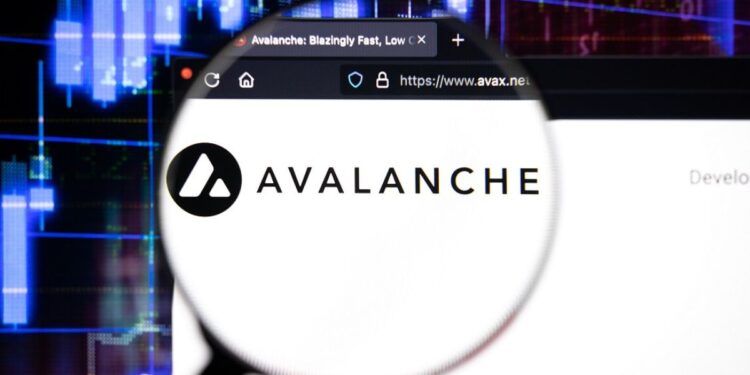 Logo de Avalanche (AVAX) con lupa sobre página web avax.net y gráficos de criptomonedas de fondo.