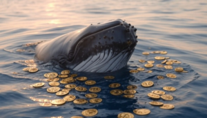 Ballena emergiendo del océano rodeada de numerosas monedas doradas de bitcoin flotando en el agua.