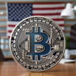 Bitcoin dentro de una oficina de banco estilizada y top, con la bandera de EE. UU.