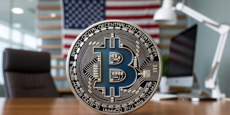 Bitcoin dentro de una oficina de banco estilizada y top, con la bandera de EE. UU.