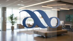 Vidrio de un lobby de oficinas que muestra el logo de la ABA.