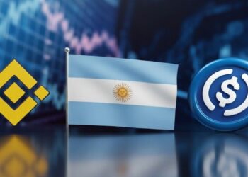 Bandera de Argentina junto a una moneda de USDC a la derecha y el logo de Binance a la izquierda, con gráficas en el fondo.