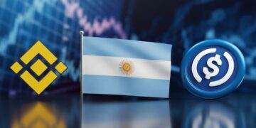Bandera de Argentina junto a una moneda de USDC a la derecha y el logo de Binance a la izquierda, con gráficas en el fondo.