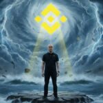 Changpeng Zhao y el logo de Binance en el ojo de un hurácan.