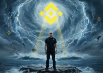 Changpeng Zhao y el logo de Binance en el ojo de un hurácan.