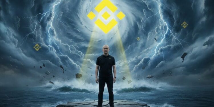 Changpeng Zhao y el logo de Binance en el ojo de un hurácan.