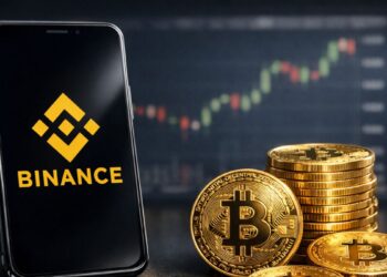 Smartphone con el logo de Binance en pantalla junto a monedas físicas de bitcoin, con gráficos del mercado de fondo.