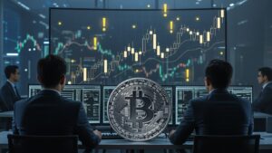 moneda de bitcoin y detrás gráficos de precio con puntos clave observados por analistas
