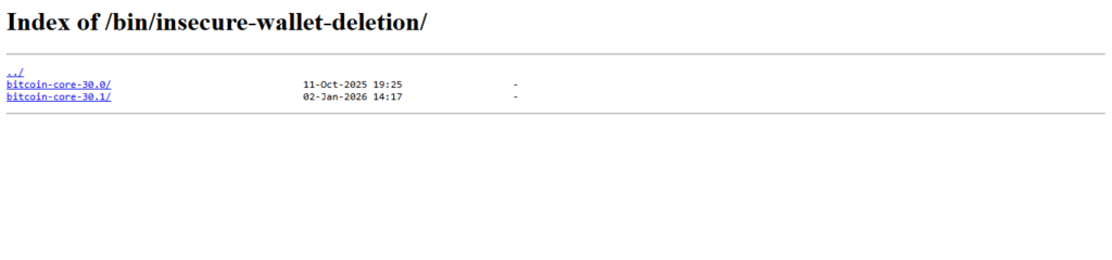 Imagen de la web de Bitcoin Core marcando como inseguras dos versiones del cliente.