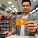 Una persona comprando una gift card de bitcoin en una tienda en España.