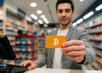 Una persona comprando una gift card de bitcoin en una tienda en España.
