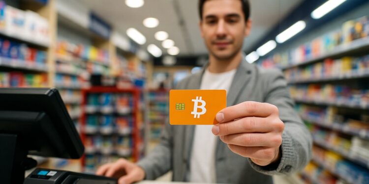 Una persona comprando una gift card de bitcoin en una tienda en España.