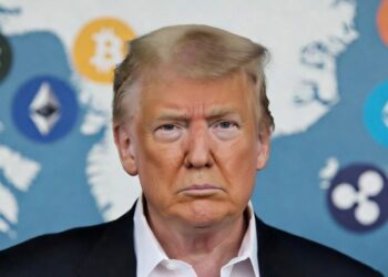 Donald Trump con cara seria y atrás criptomonedas y el mapa de Groenlandia.