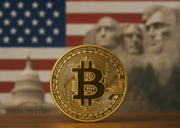 Una moneda física de bitcoin delante de la bandera de Estados Unidos, el Capitolio y Monte Rushmore.