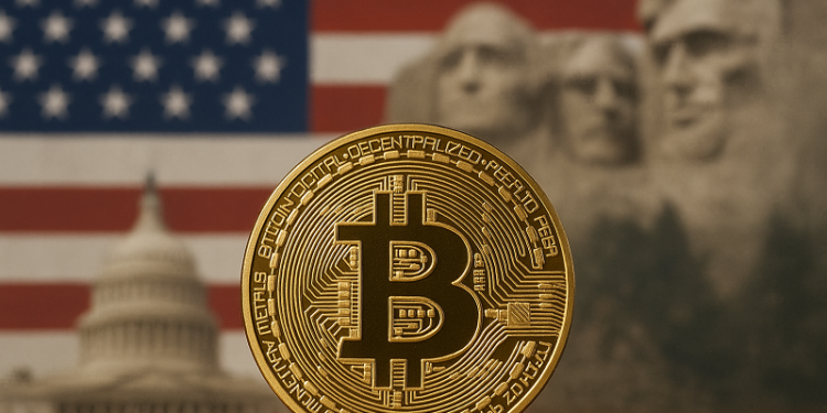 Una moneda física de bitcoin delante de la bandera de Estados Unidos, el Capitolio y Monte Rushmore.