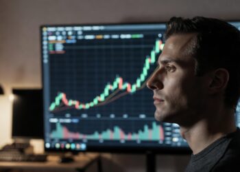 Gráfico de bitcoin y analista observando con incertidumbre.