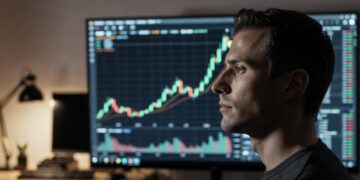 Gráfico de bitcoin y analista observando con incertidumbre.