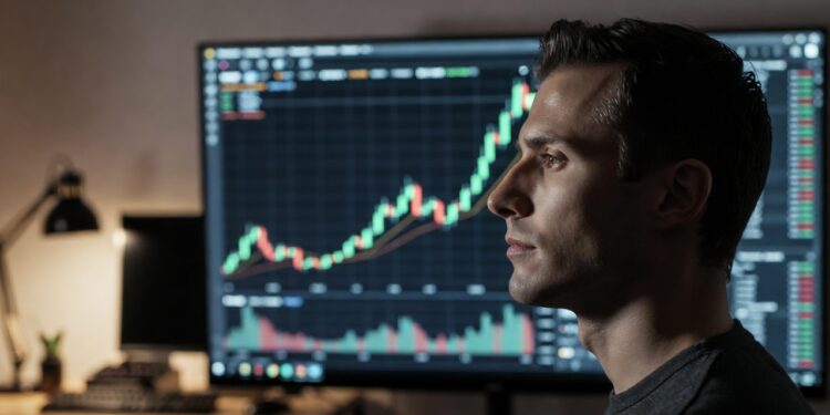 Gráfico de bitcoin y analista observando con incertidumbre.