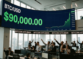 En una oficina moderna y luminosa con vistas a la ciudad, un grupo de corredores de bolsa celebra con los brazos en alto frente a una gigantesca pantalla curva que muestra en verde brillante un gráfico ascendente y el precio de Bitcoin alcanzando los 90.000 dólares.