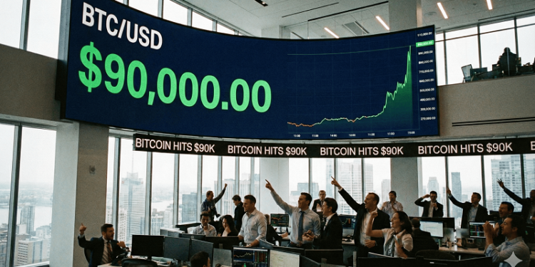 En una oficina moderna y luminosa con vistas a la ciudad, un grupo de corredores de bolsa celebra con los brazos en alto frente a una gigantesca pantalla curva que muestra en verde brillante un gráfico ascendente y el precio de Bitcoin alcanzando los 90.000 dólares.