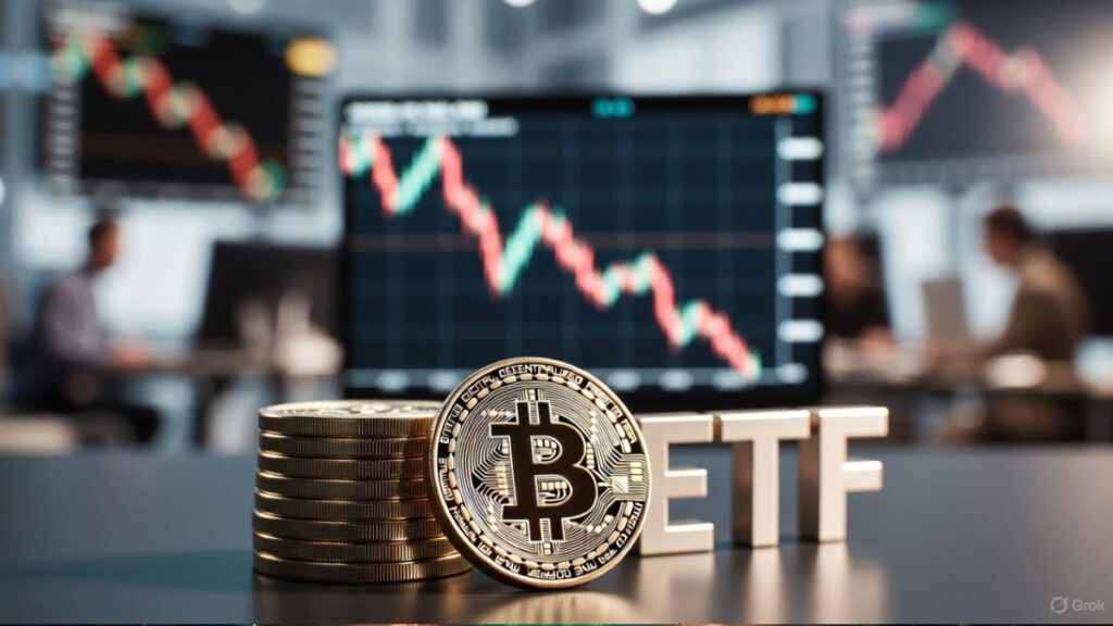 Monedas físicas de bitcoin apiladas y las letras "ETF" en fuente metálica 3D sobre un escritorio oscuro.