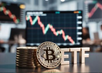 Monedas físicas de bitcoin apiladas y las letras "ETF" en fuente metálica 3D sobre un escritorio oscuro.