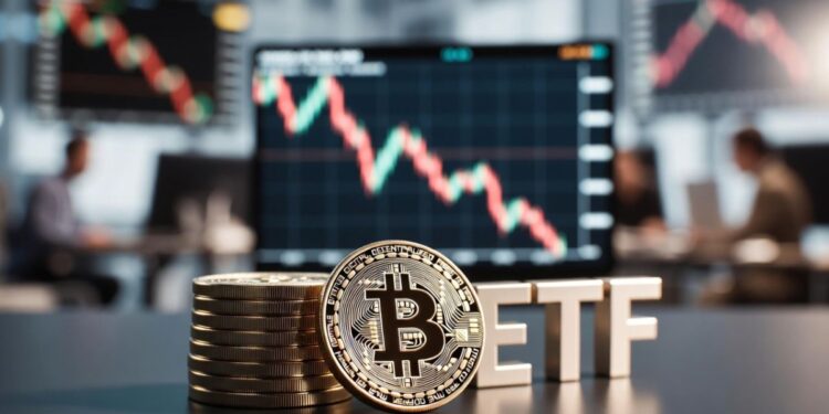 Monedas físicas de bitcoin apiladas y las letras "ETF" en fuente metálica 3D sobre un escritorio oscuro.