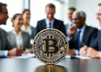 Moneda física de bitcoin dorada en primer plano sobre mesa de juntas, rodeada de ejecutivos.