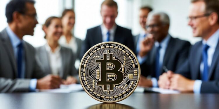 Moneda física de bitcoin dorada en primer plano sobre mesa de juntas, rodeada de ejecutivos.